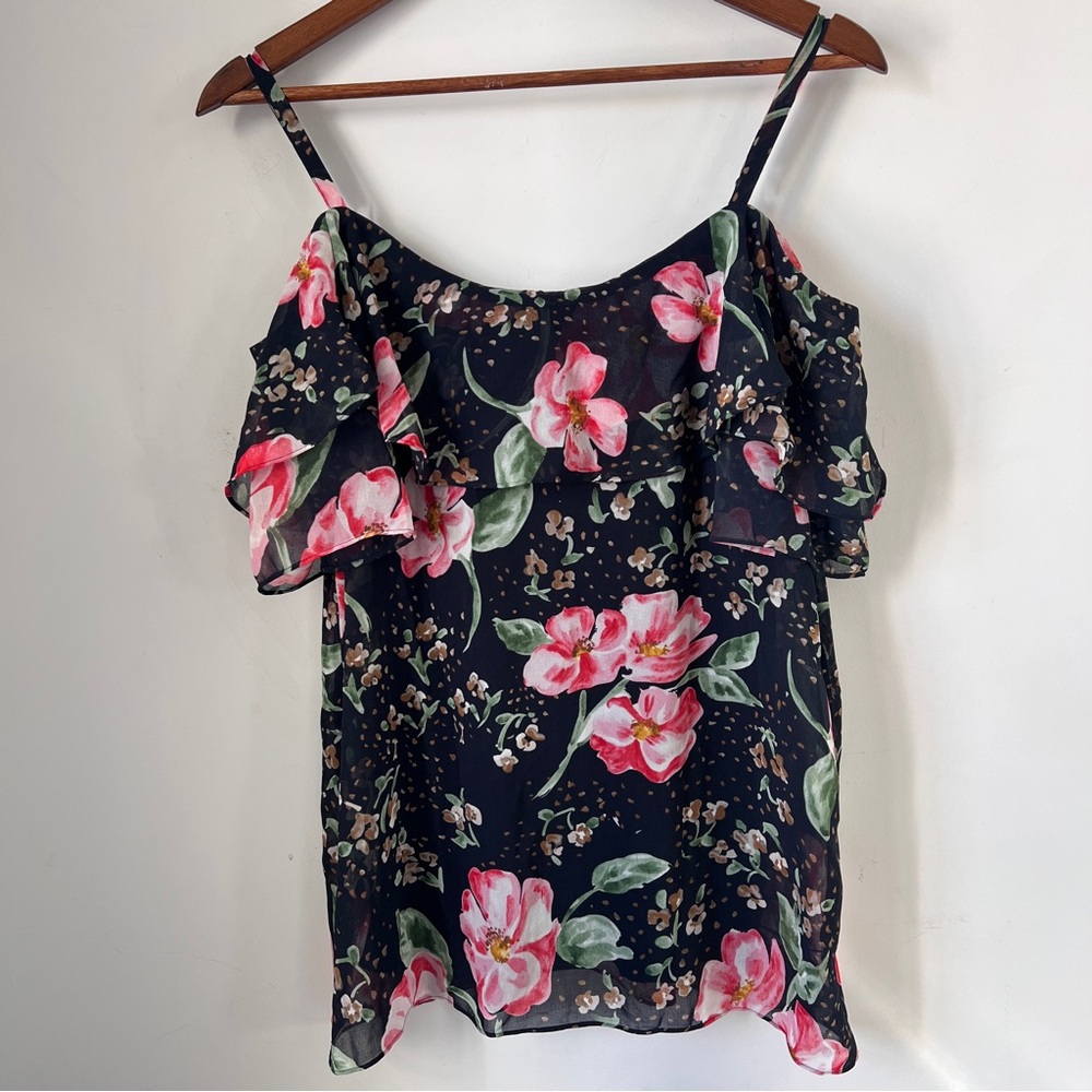 CAbi Black and Pink Floral Ruffled Camisole